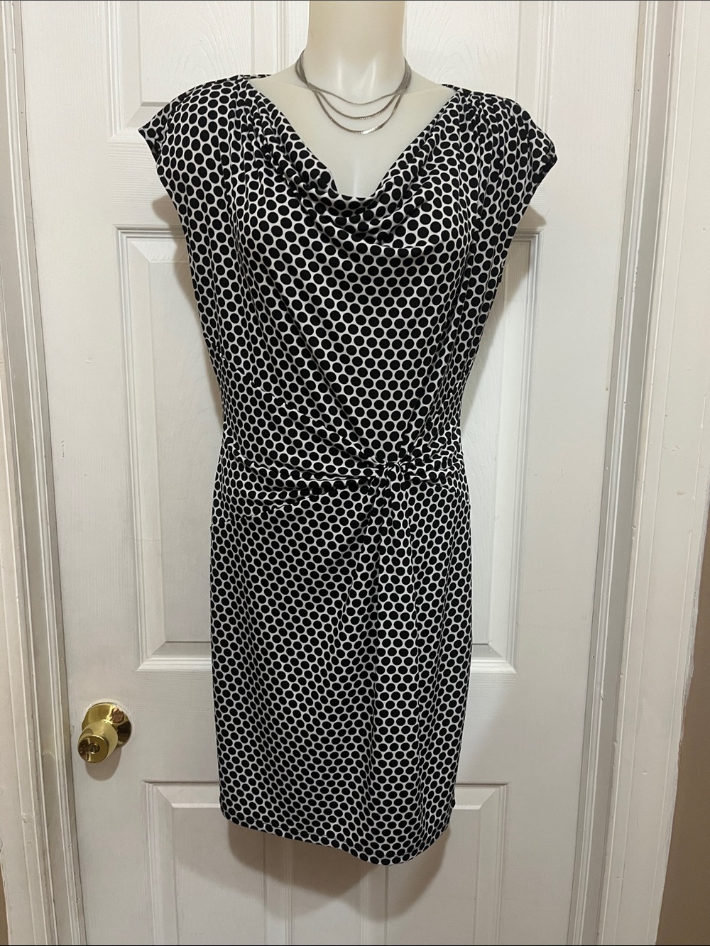 Michael Kors Black and White Polka Dot Cowl Neck Sheath Dress